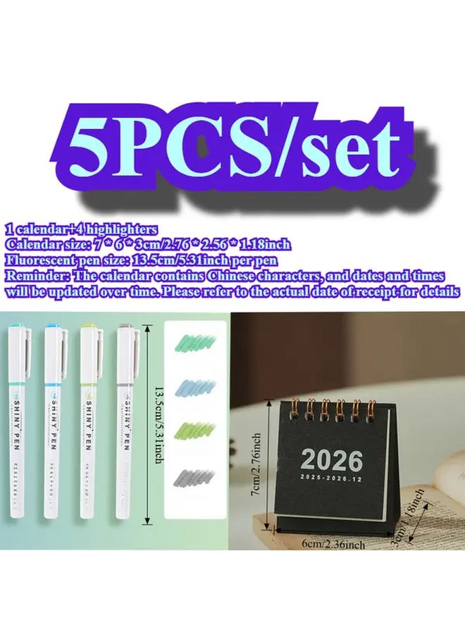 Beige 5pcs Set 2026 Mini Desk Calendar with 4 Color Pens Planner Office Stationery - Image 5